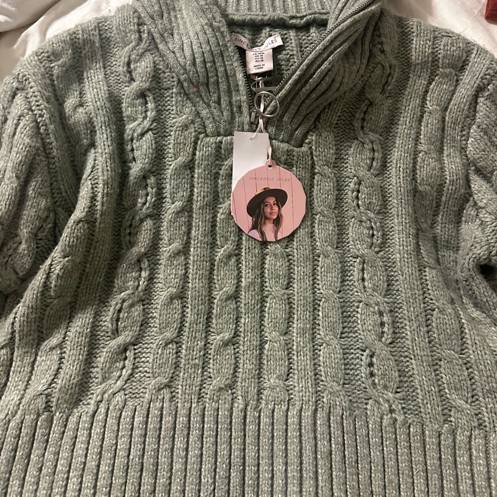 Sincerly Jules Sage Green Cable Knit Quarter-Zip Pullover